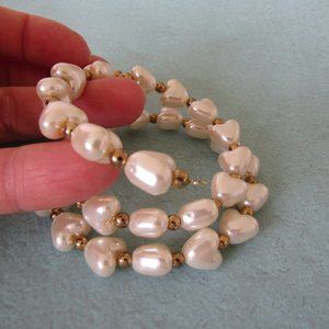 Pearl Heart & Goldtone Bead Memory Wire Bride Wedding Handmade Bracelet
